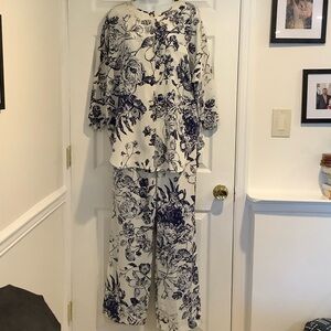 VINTAGE NATORI II Womens Blue/White Floral Retro Chic Luxe Glam Loungewear Set M